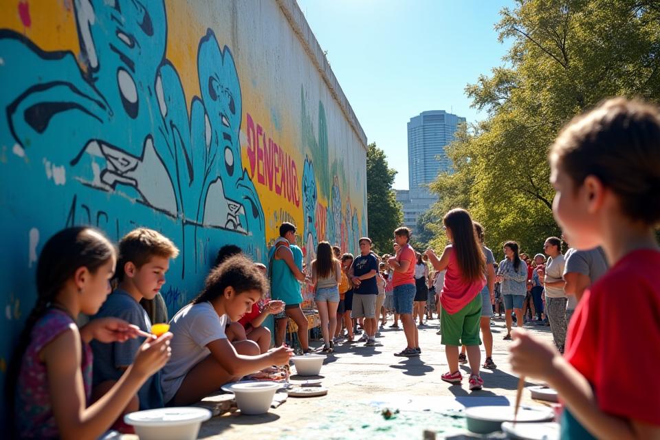 Vibrant community event in a San Francisco park, showing a diverse group of people admiring a newly painted sneaker-themed mural, with children participating in an art workshop in the foreground.