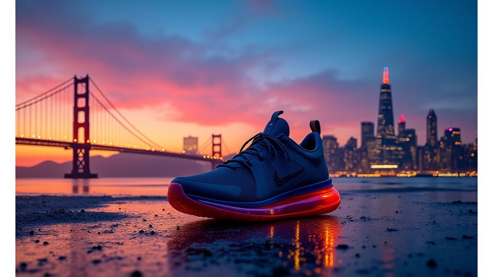 Panoramic view of the San Francisco skyline at dusk, with iconic landmarks, symbolizing the city's vibrant culture and innovation. In the foreground, a subtle, stylized sneaker silhouette.
