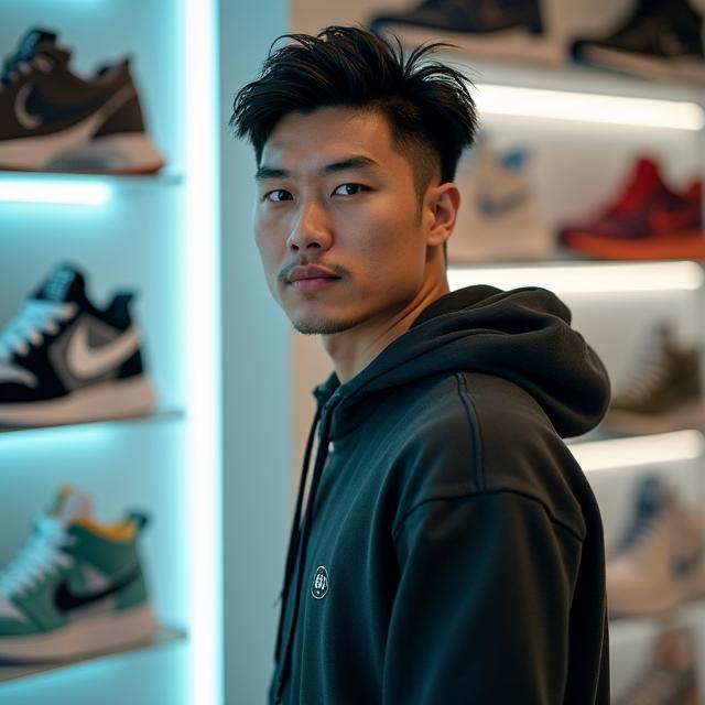 Portrait of Alex Chen, co-founder of Stag Step, confidently looking forward, with a vibrant sneaker collection blurred in the background demonstrating his expertise.