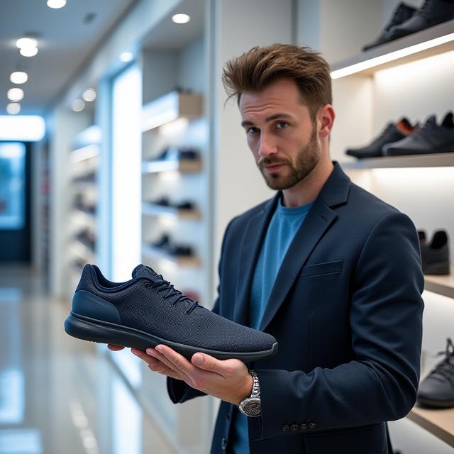 Portrait of David Lee, Lead Stylist and Fitting Specialist at Stag Step, demonstrating a keen eye for detail while holding a sneaker. His reflection in a polished floor shows a sophisticated store environment.
