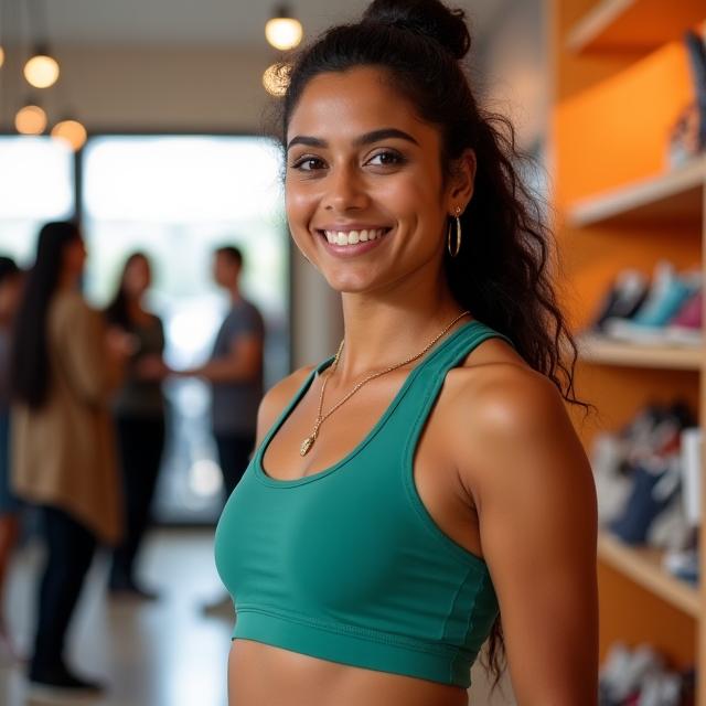 Portrait of Maya Singh, co-founder of Stag Step, with an energetic and approachable smile, wearing stylish activewear. A bustling store environment with customers is softly blurred behind her.
