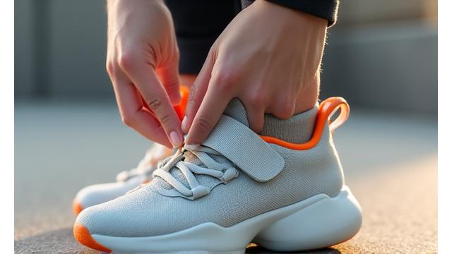 A person adjusting a sneaker's customizable strap system, highlighting adjustable fit for different foot needs.