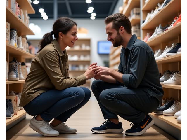 A certified Stag Step shoe fitter assisting a customer with an adaptive fit, demonstrating high-level service and personalized attention in a modern store setting.