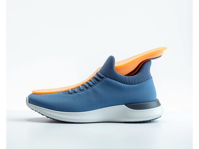 A close-up shot of a modern athletic sneaker with a custom orthotic visibly inserted, demonstrating perfect fit and support.