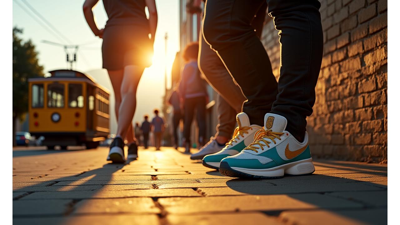 Dynamic video still of a San Francisco street scene with diverse people wearing the latest Stag Step sneakers and activewear, backlit by a vibrant sunset, conveying urban energy and style.