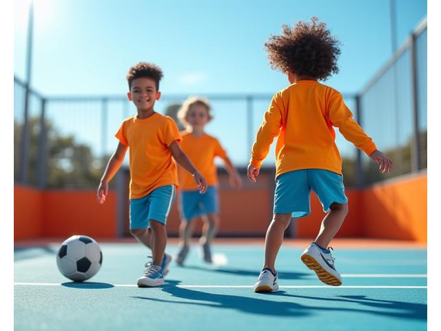Big kids playing soccer on a field, wearing performance Stag Step sneakers and activewear