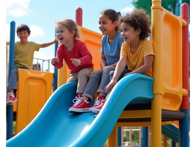 Group of little kids playing on a playground in durable activewear and light sneakers