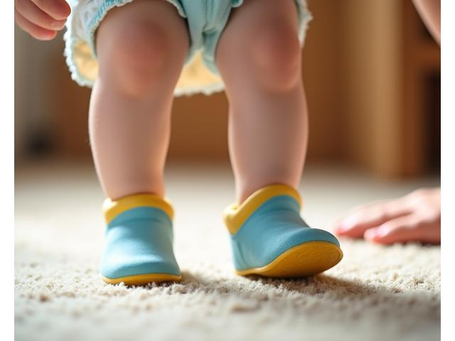Toddler taking first steps in soft, supportive Stag Step shoes