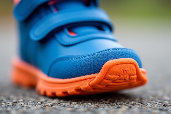 Close-up of a child's sneaker with a reinforced toe cap, showing texture and stitching