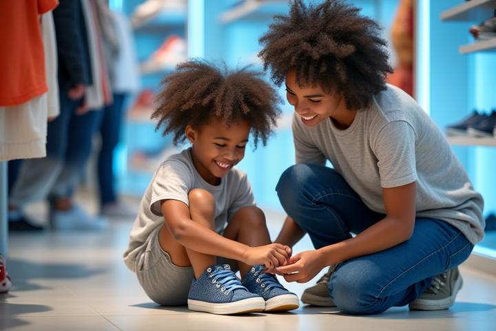 Parent kneeling, helping a child try on a sneaker in a store, emphasizing proper fit
