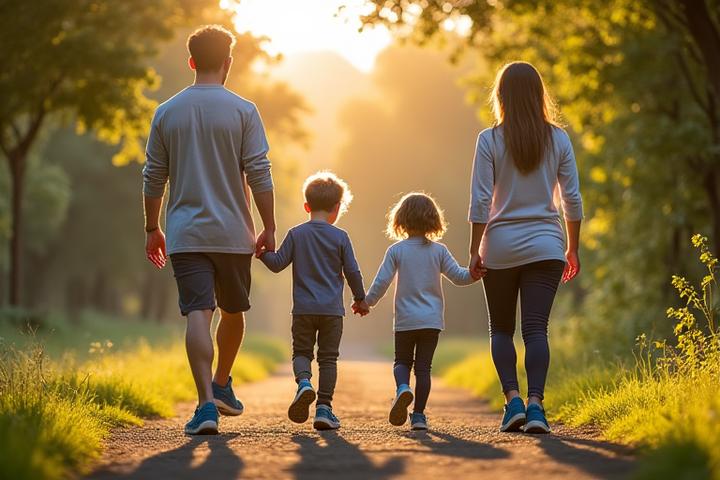 Family, mother, father and two children, happily walking in a park, all wearing Stag Step athletic shoes