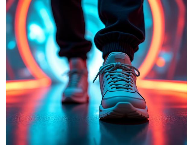 Person wearing exclusive sneakers, walking through a vibrant urban tunnel, embodying style and forward movement