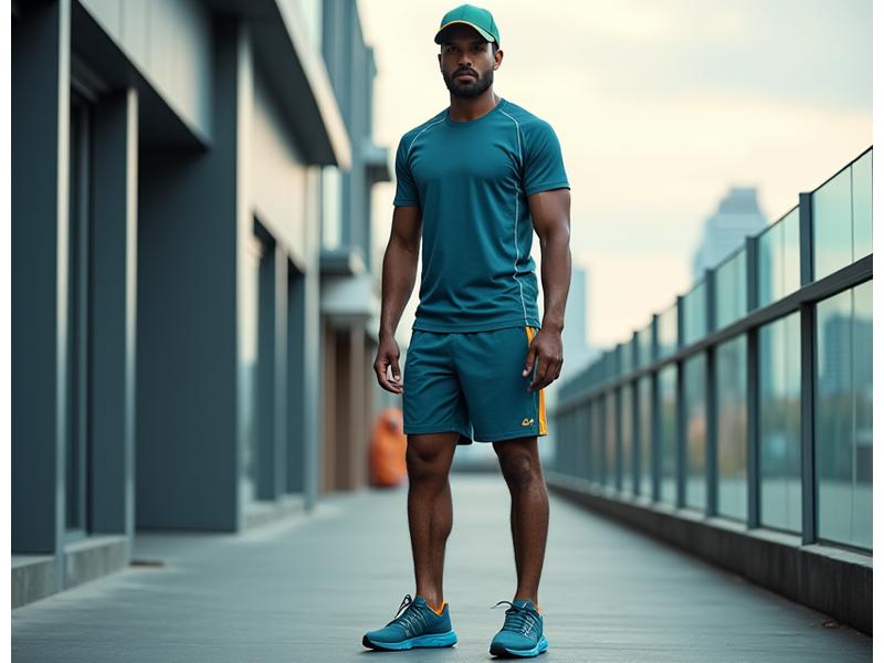 Stylish man wearing a complete Stag Step athletic outfit: sneakers, shorts, t-shirt, and cap, all coordinated for a seamless look and high performance.