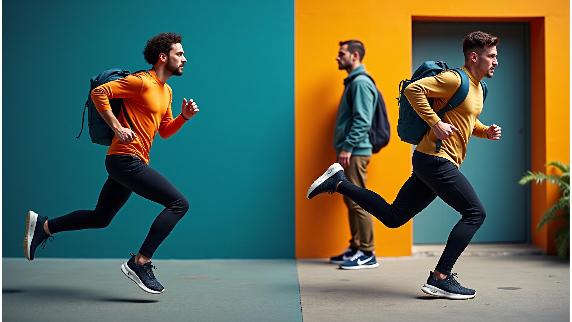 Dynamic shot of men wearing Stag Step sneakers and activewear in both an intense workout and a stylish urban setting, showcasing versatility and performance.