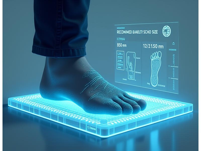 Illustration of a man measuring his foot with an interactive sizing tool overlay, showing precise measurements and recommendations.