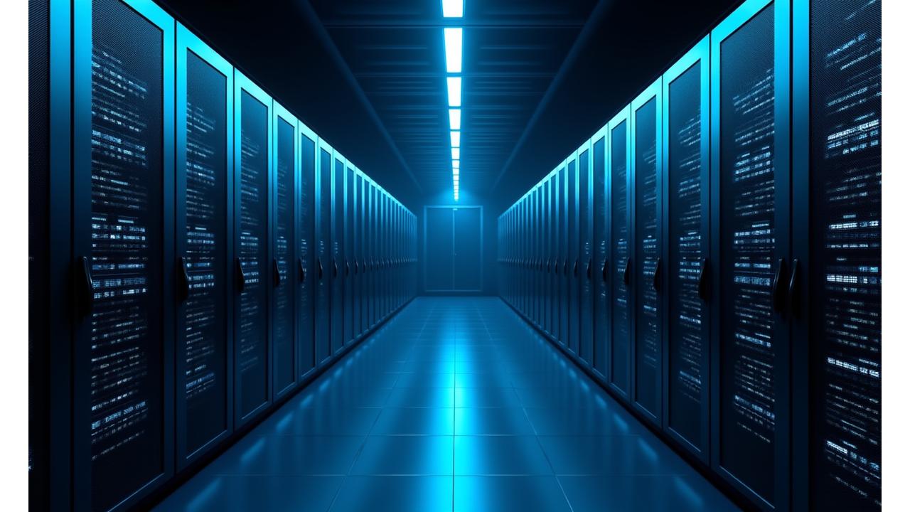 A highly secured, modern server room with glowing blue lights signifying advanced data protection and infrastructure.