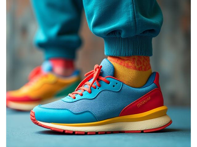 Close-up of vibrant sneakers with complementary colored socks and subtle patterned joggers