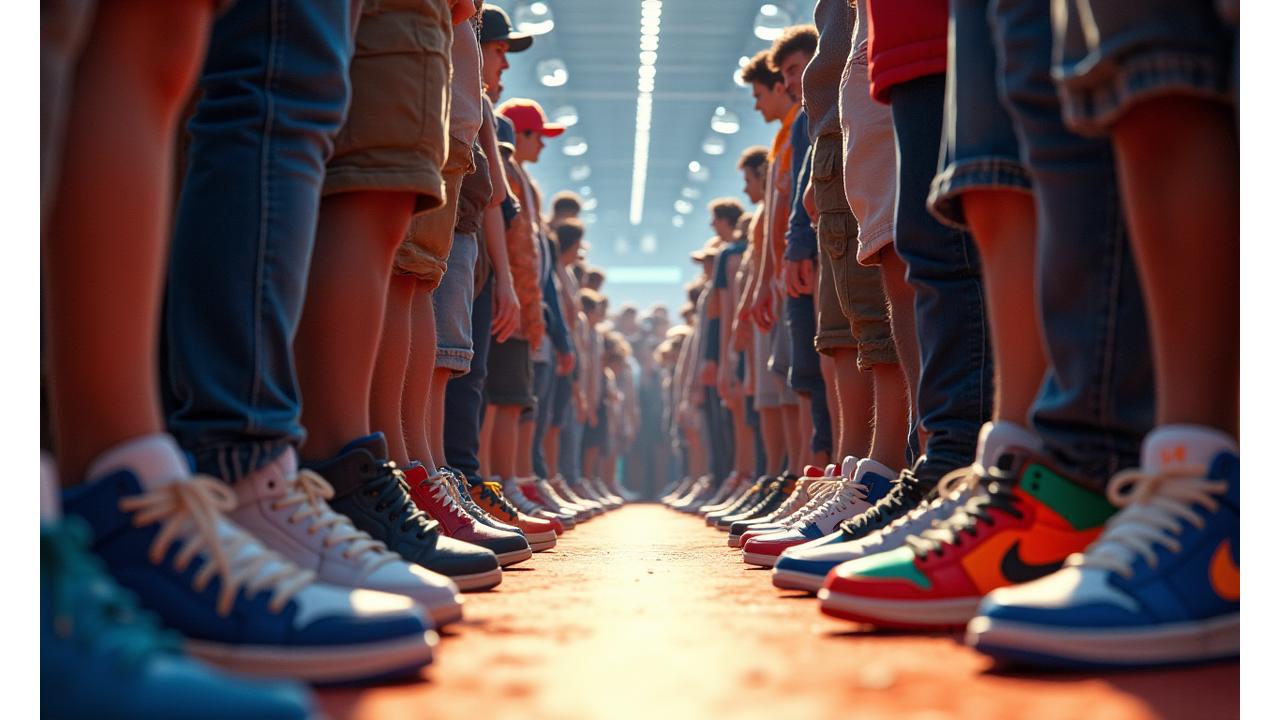 A diverse crowd of people at a sneaker event, actively engaging, showing off their unique sneakers, with a bright, energetic atmosphere.