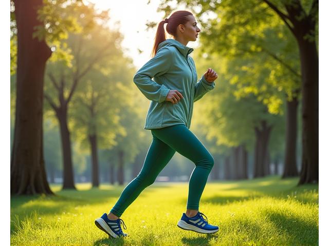Person showcasing spring activewear and sneakers in a park setting