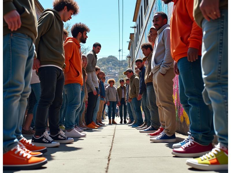 A diverse group of sneaker enthusiasts gathered at a street art mural in San Francisco, showcasing their unique sneakers with the city skyline in the background
