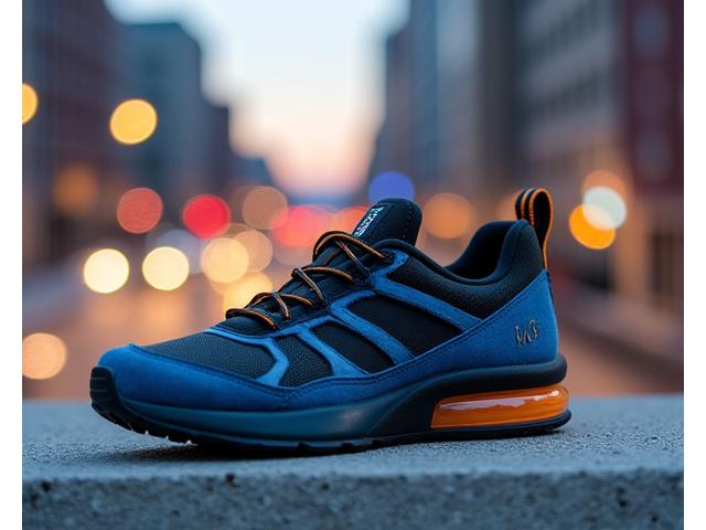 Customized sneaker, urban explorer theme, dark tones with neon accents