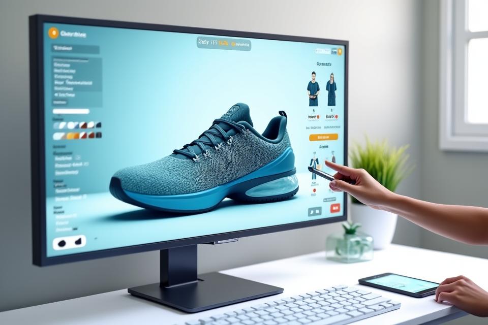 Interactive 3D design tool showing a sneaker being customized with color and material options