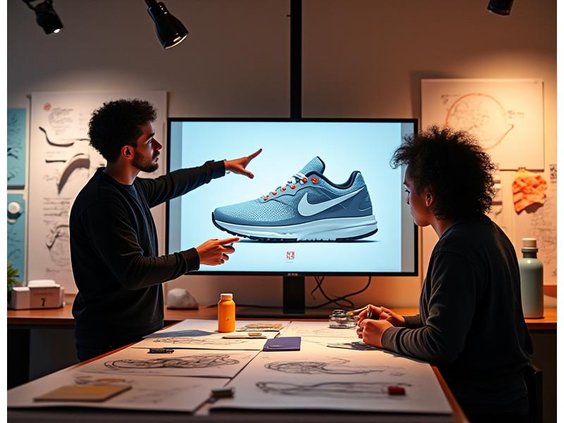 Designer presenting sneaker concepts on a mood board to a team, collaboration and ideation in a modern creative studio
