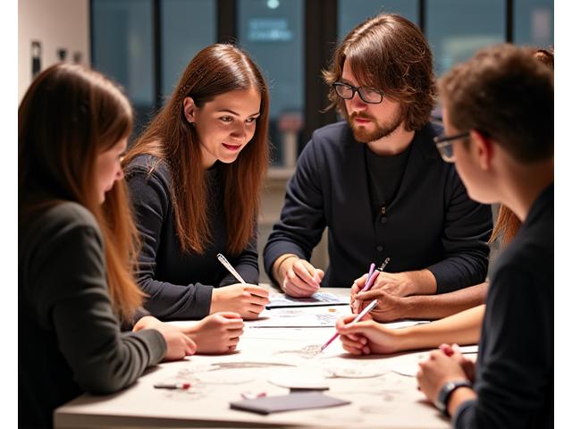 Sneaker designer showcasing design sketches to attendees at an in-store event, creative and interactive