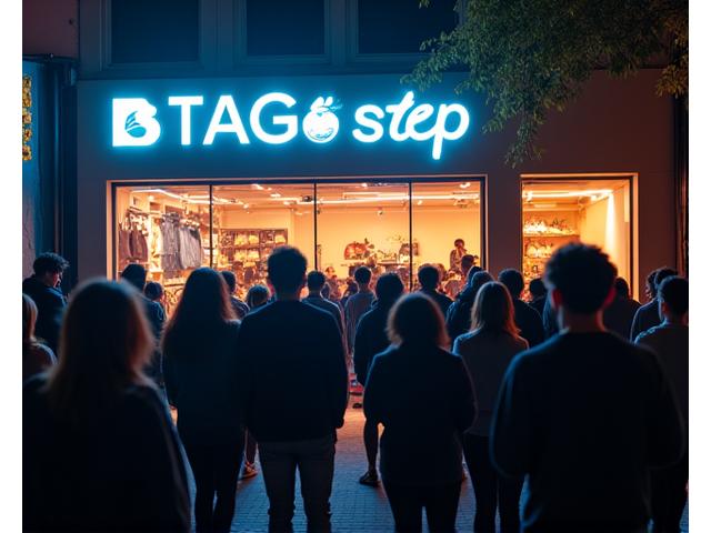 Crowd gathered outside Stag Step store, anticipation for a shoe launch, dynamic energy