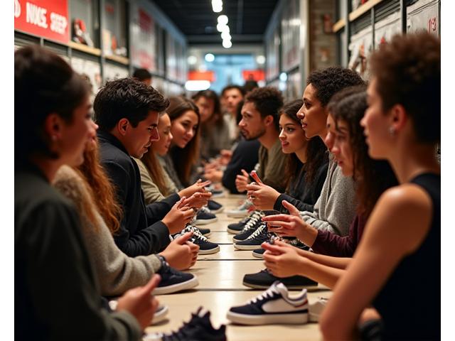 Group of diverse sneaker enthusiasts interacting at a store event in San Francisco, vibrant atmosphere