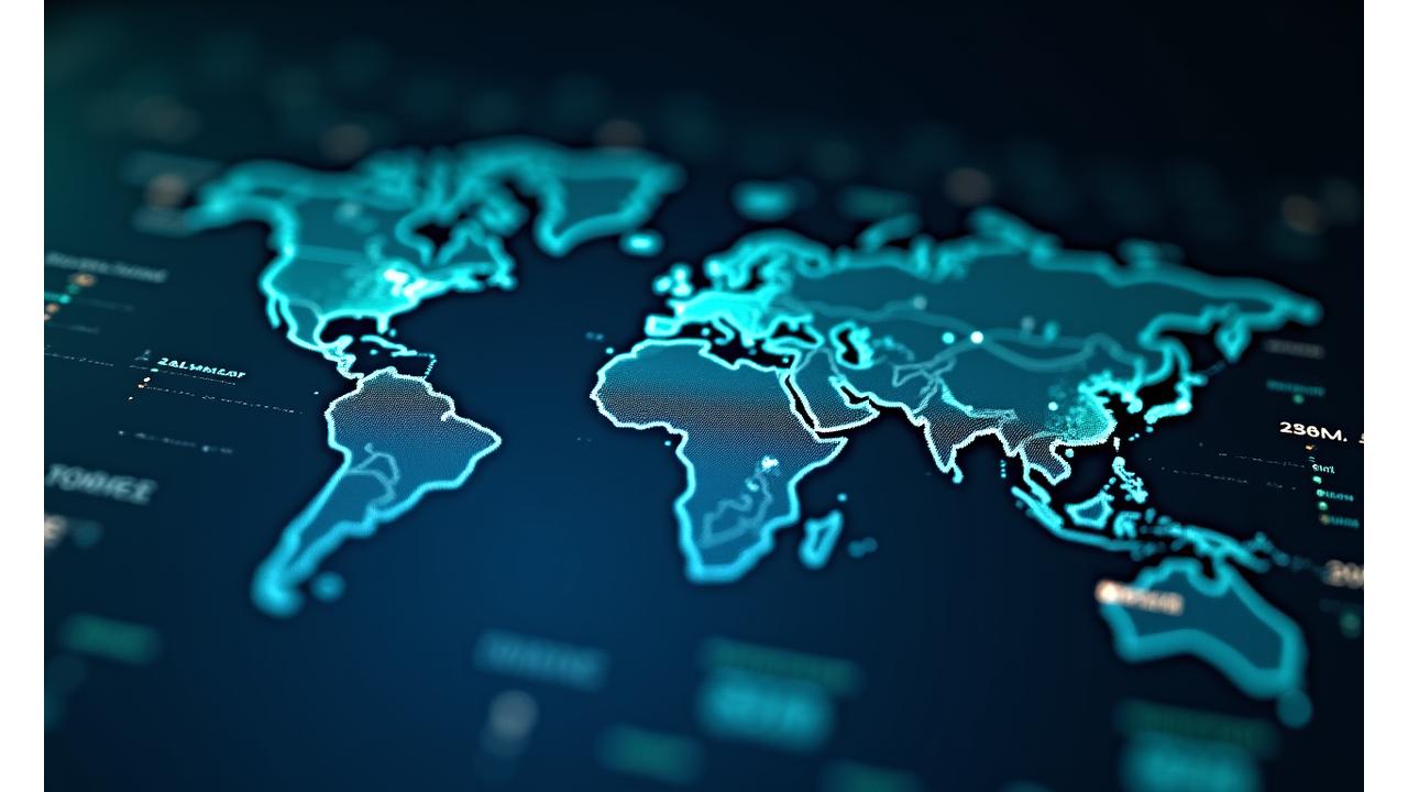 Digital dashboard showing a global supply chain map with interconnected nodes and data points, highlighting transparency.