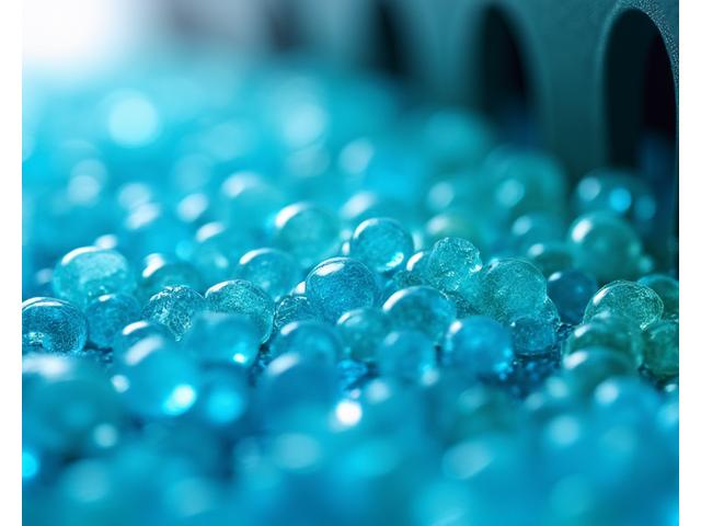 Close-up of recycled ocean plastic pellets being processed into textile fibers, clean and futuristic.