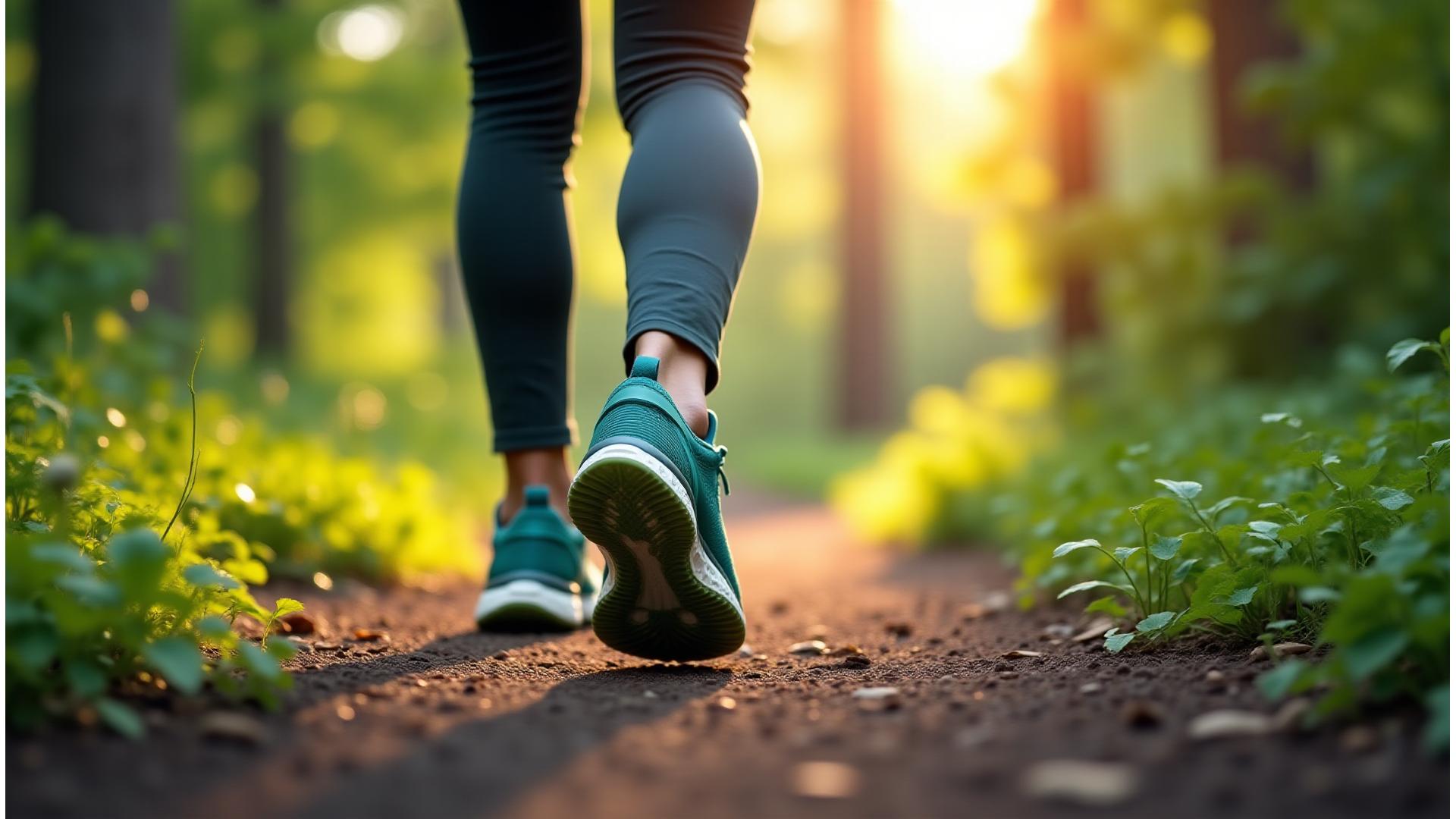 Vibrant green athletic shoes on a path winding through a lush, clean forest with sun shining, symbolizing eco-friendly progress.