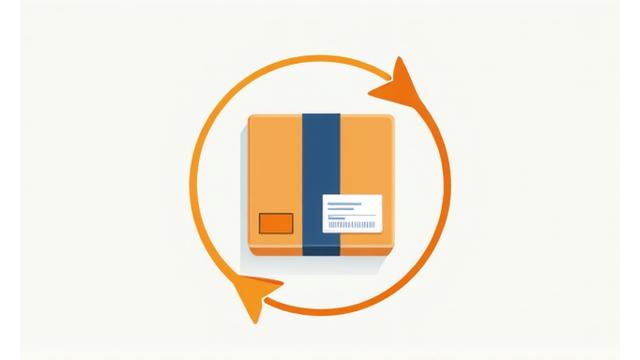 Graphic illustration of a package being returned with arrows, symbolizing an easy return process