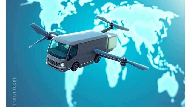 Graphic illustration of delivery truck and package with world map, symbolizing global shipping