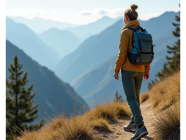 Woman hiking in vibrant activewear with scenic mountain backdrop, showing adventure