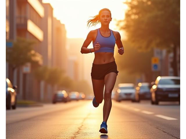 Woman running with determination through a vibrant city street
