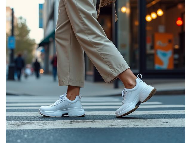Woman walking in stylish chunky sole lifestyle sneakers paired with wide-leg pants