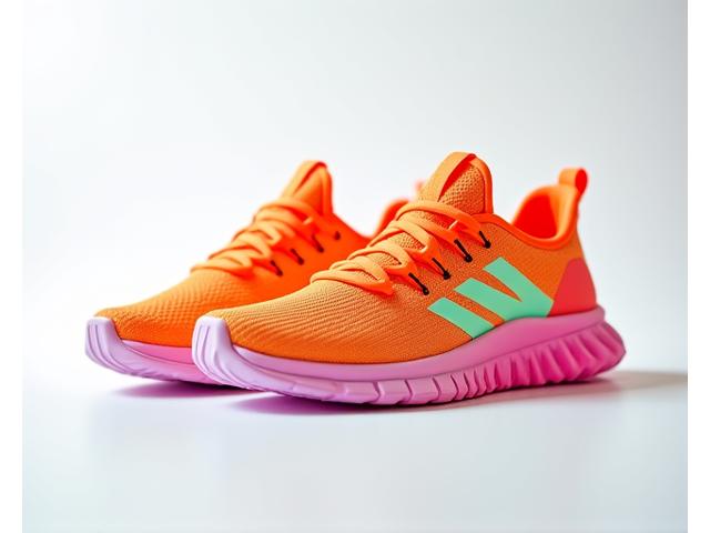 Pair of neon orange and pink women's athletic sneakers on a minimalist background