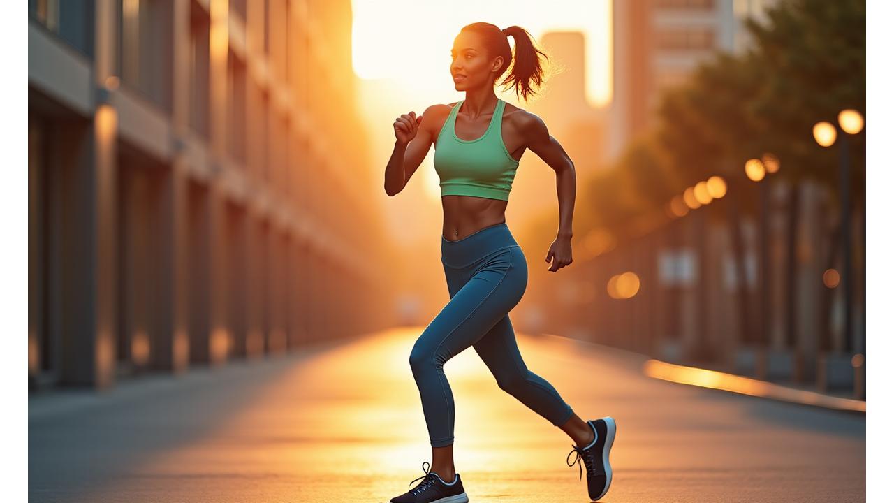 Dynamic woman in fashionable athletic wear running in an urban setting at sunset, embodying style and performance